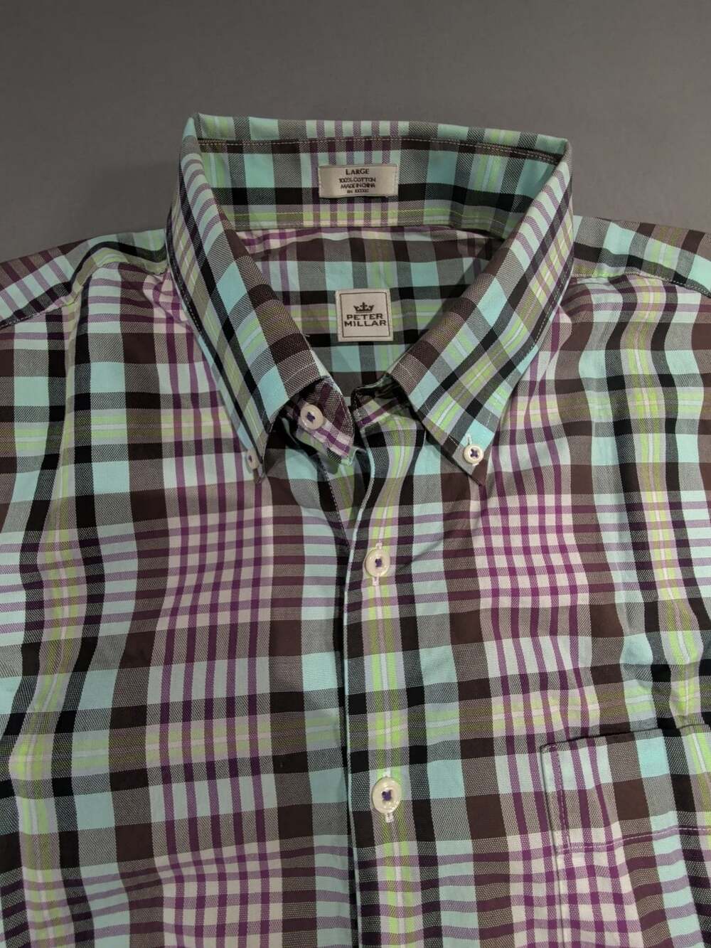 Peter Millar Plaid Button l Shirt Size Large Long Sleeve Multicolor Preppy Golf